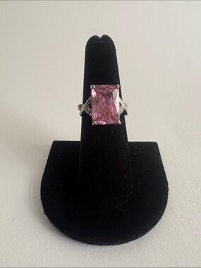 18K Gold Plated Pink Emerald Cut Ring Silver Tone Statement
